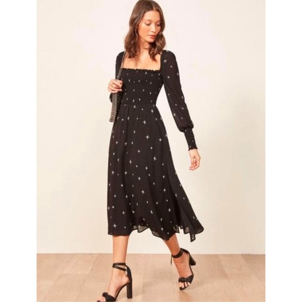 Reformation Rowan Celestial Start Print Smocked Midi Dress Black Long Sleeve XS